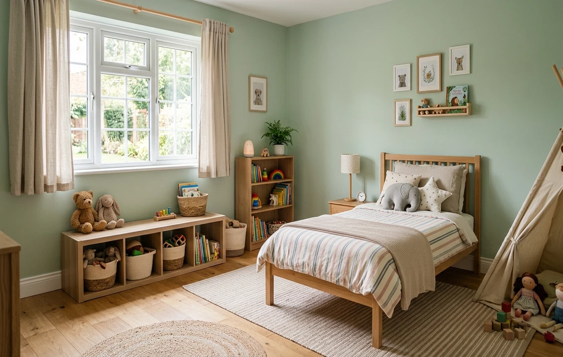Chambre d'enfant harmonisée selon les principes du Vastu Shastra — lit bien positionné, ambiance douce et apaisante