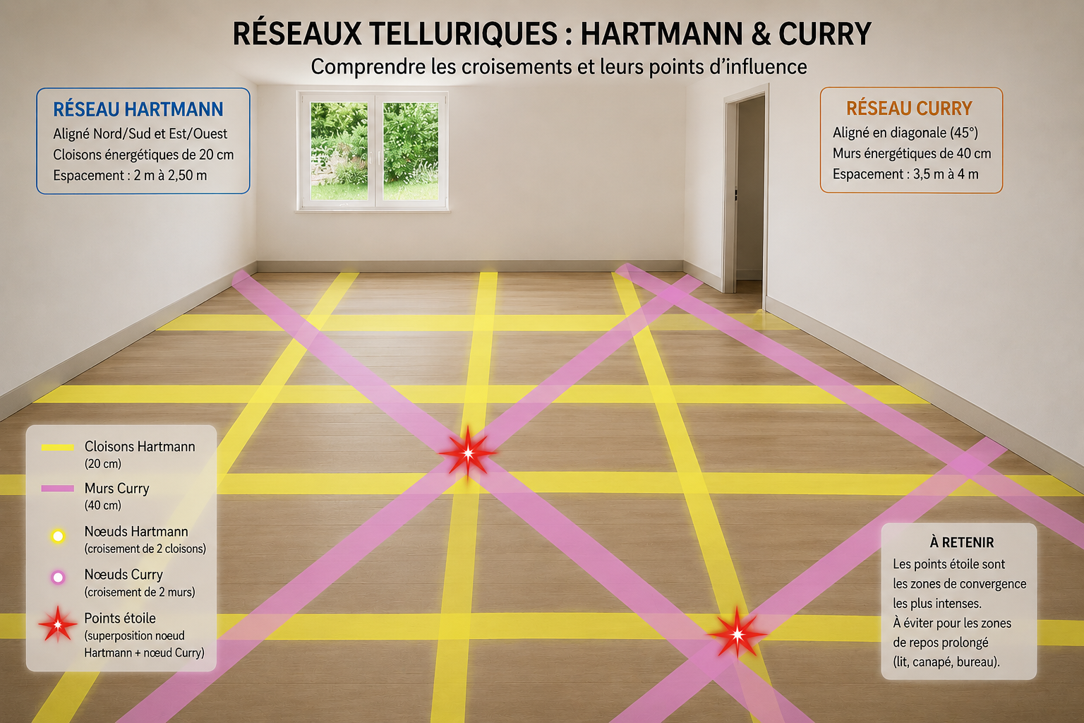 Schéma des réseaux Hartmann et Curry — géobiologie de l'habitat