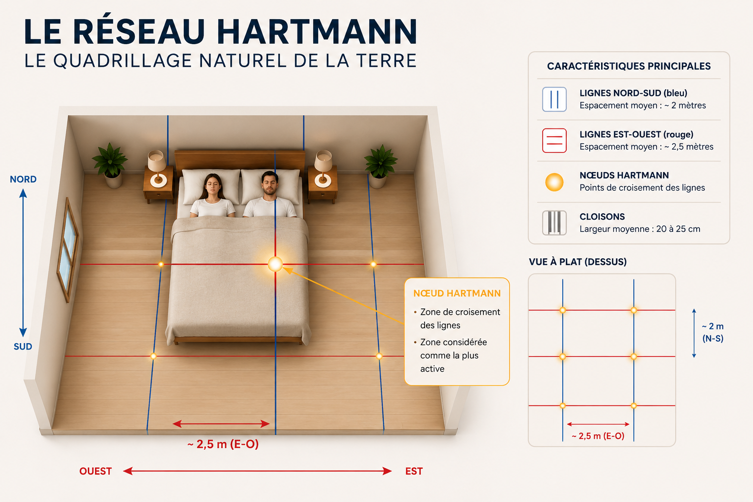 Schéma du réseau Hartmann — quadrillage géobiologique avec lignes Nord-Sud et Est-Ouest, nœuds et cloisons de 20 cm