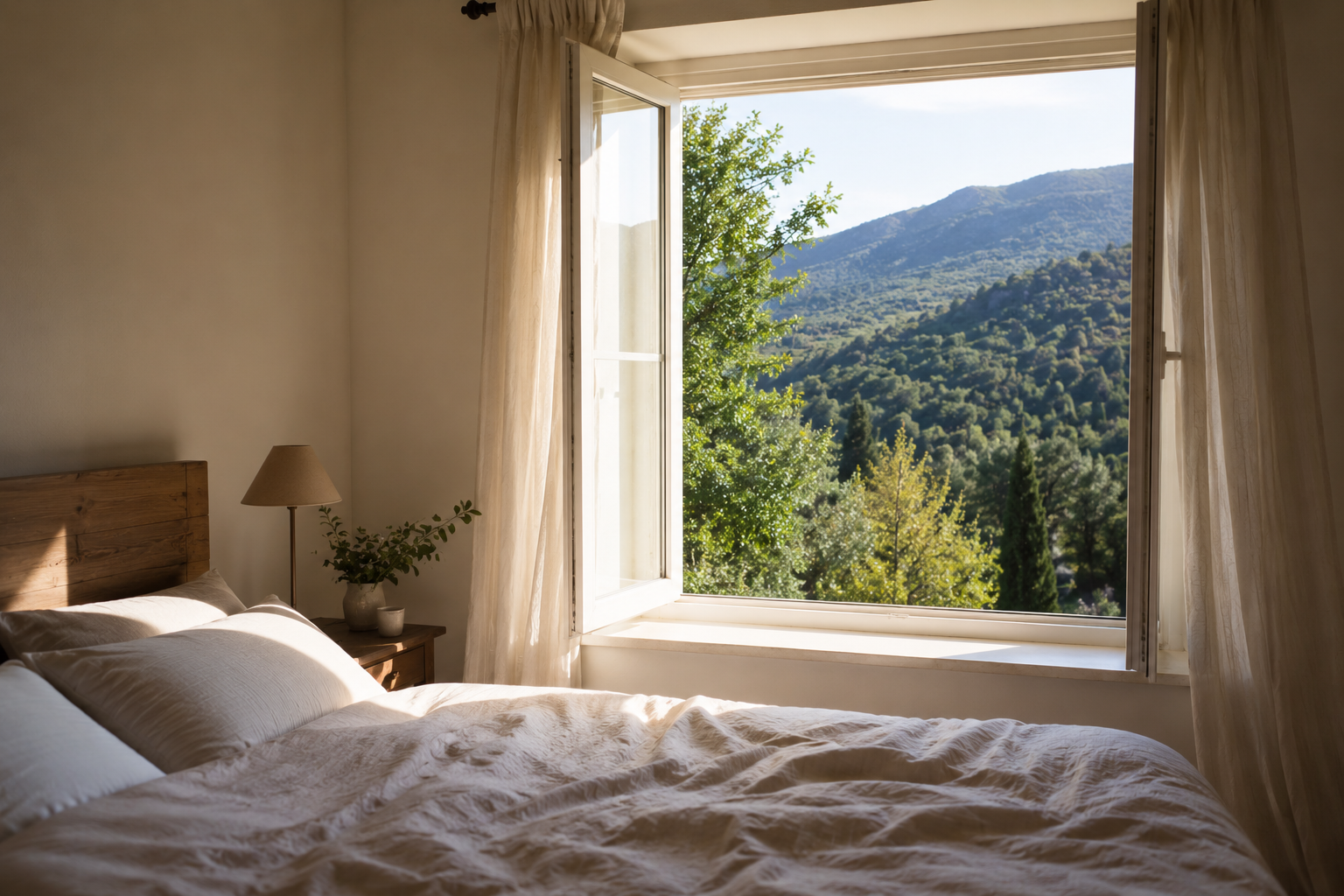 Chambre lumineuse de vacances, fenêtre ouverte sur la nature — ambiance reposante