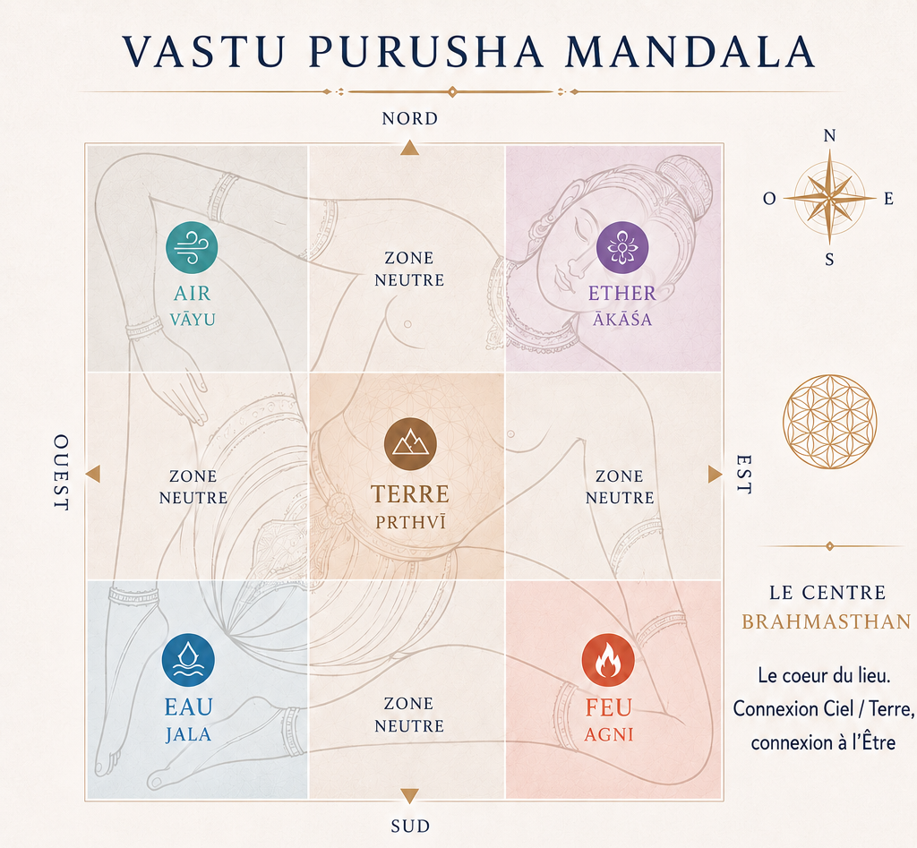 Mandala du Vastu Purusha représentant les 5 éléments et les directions en Vastu Shastra